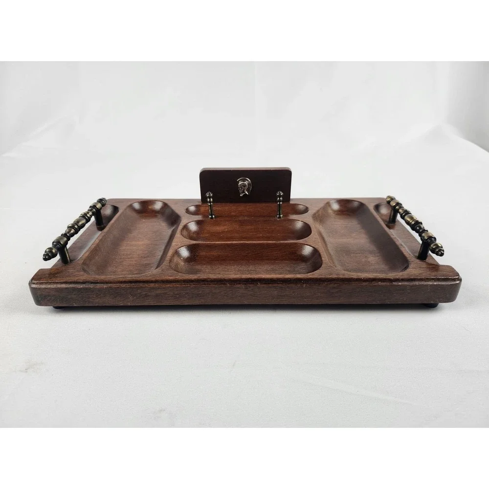 Swank Japan Wooden Valet Tray Organizer Brass Handles Trojan Head Catchall MCM